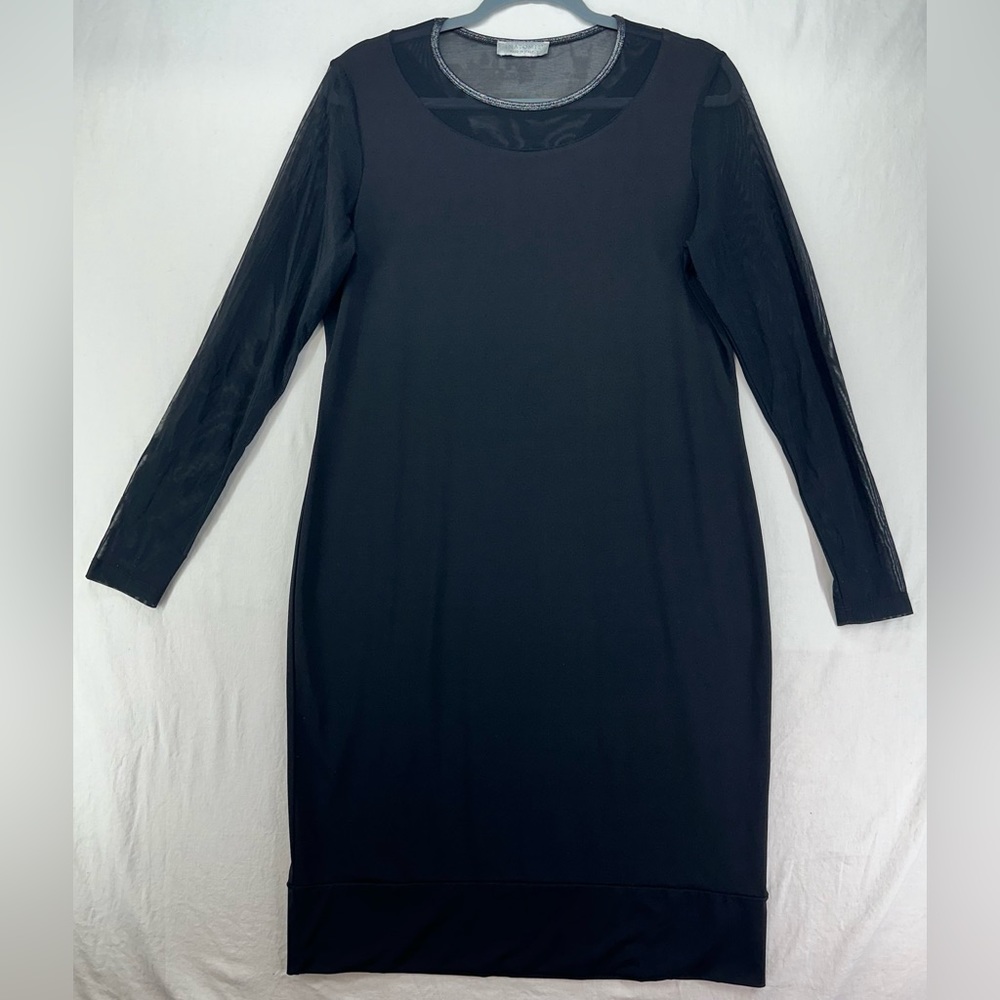 Anatomie Bodycon Sheath Travel Dress Black Midi Jersey Sheer Sleeves Size Large
